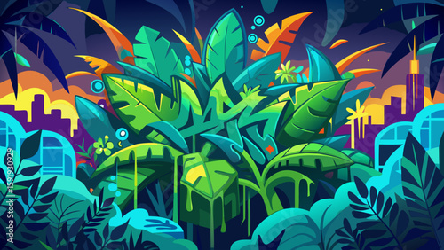 Illustration of lush tropical foliage with a cityscape backdrop and graffiti art details present