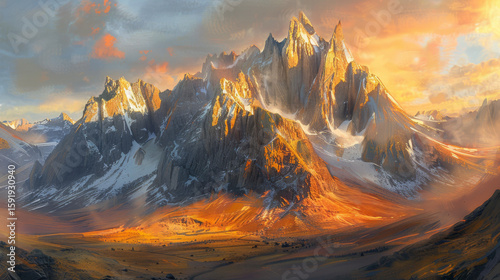 Mountain Peaks with Golden Hue, Generative AI Illustration