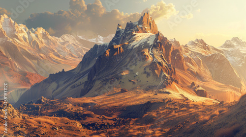 Mountain Peaks with Golden Hue, Generative AI Illustration