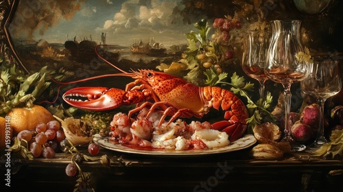 Still life of cooked lobster, fruit, and wine glasses on a table before a landscape painting.
