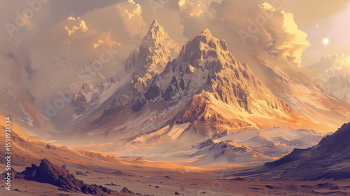 Mountain Peaks with Golden Hue, Generative AI Illustration