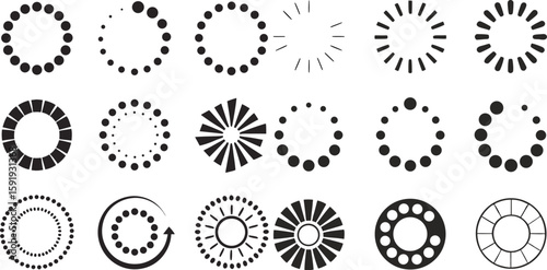 Black Line Dotted Loading Icons Set including Flat Progress Wait Spinner and Dots Symbol Collection with Minimal Loading Icon Group for UI Web App Interface Preloader and Motion Projects