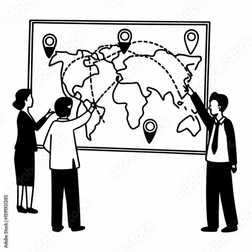 Line art of a business team pointing at a world map with pins and flight routes, symbolizing international growth, clean and professional outlines