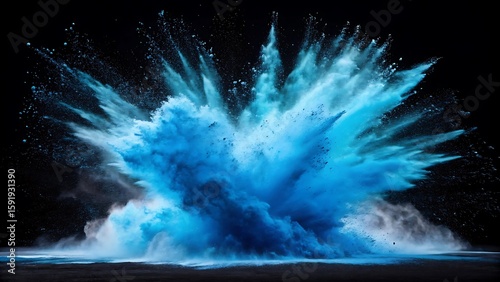 Vibrant blue powder explosion against a stark black background