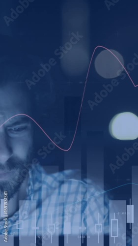 Animation of multiple graphs moving over stressed caucasian businessman working late in office