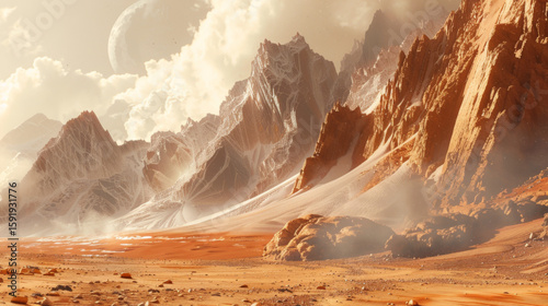 Mountain Peaks with Golden Hue, Generative AI Illustration