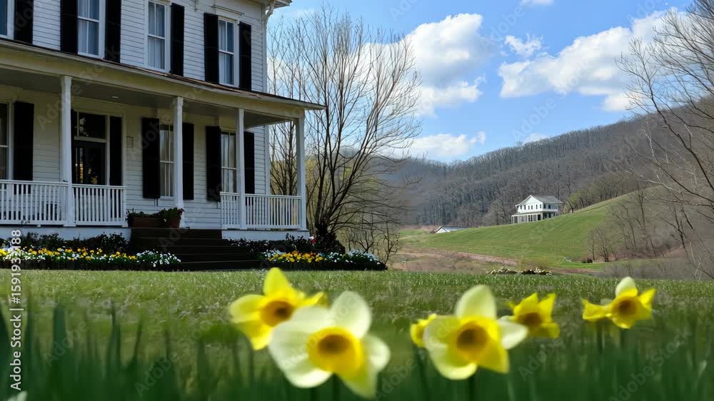 A picturesque rural landscape showcases a lovely house, vibrant flowers, and rolling hills under a bright blue sky on a spring day