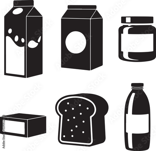 Black breakfast food icons milk carton juice carton