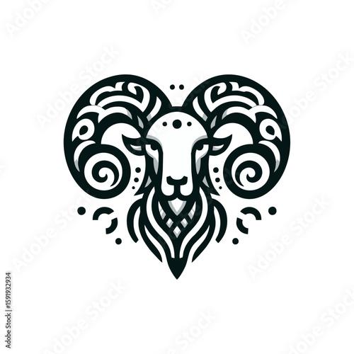 Abstract tribal ram head with curled horn motifs