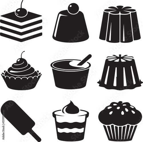 Black dessert icons cherry cupcake parfait popsicle jelly