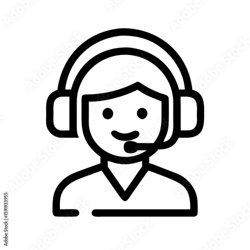 Customer service representative with headset ready to assist clients, line icon. Customer service representative with headset offers support with smile, isolated on white.