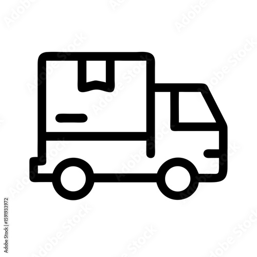 Delivery truck with a package shown in outline art, depicting shipping and transport. Delivery truck with a package conveys logistics, supply chain, and courier services in a minimalist style.