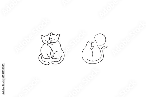 line art two cats hugging set bundle on the white background