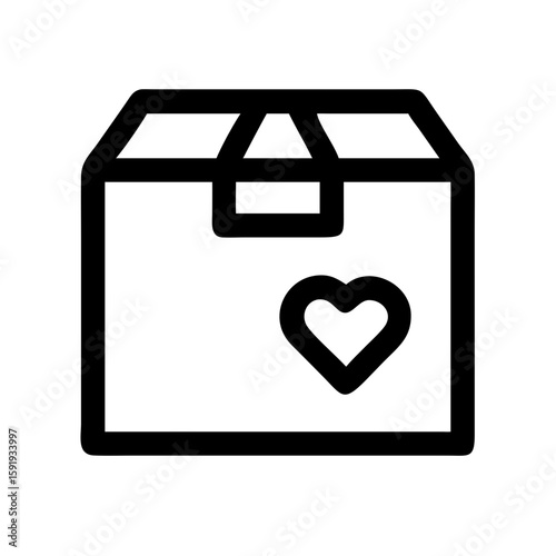 Package with a heart emblem is simple line art showing cardboard delivery box. Package with a heart can symbolize love donation or gift, and is a modern icon appropriate for e-commerce or charity.