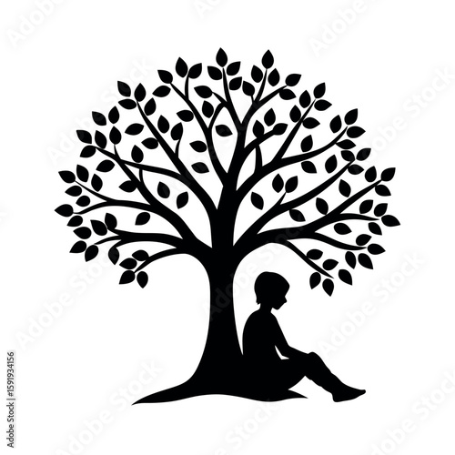 Peaceful person resting beneath large tree Line Art Vector illustration