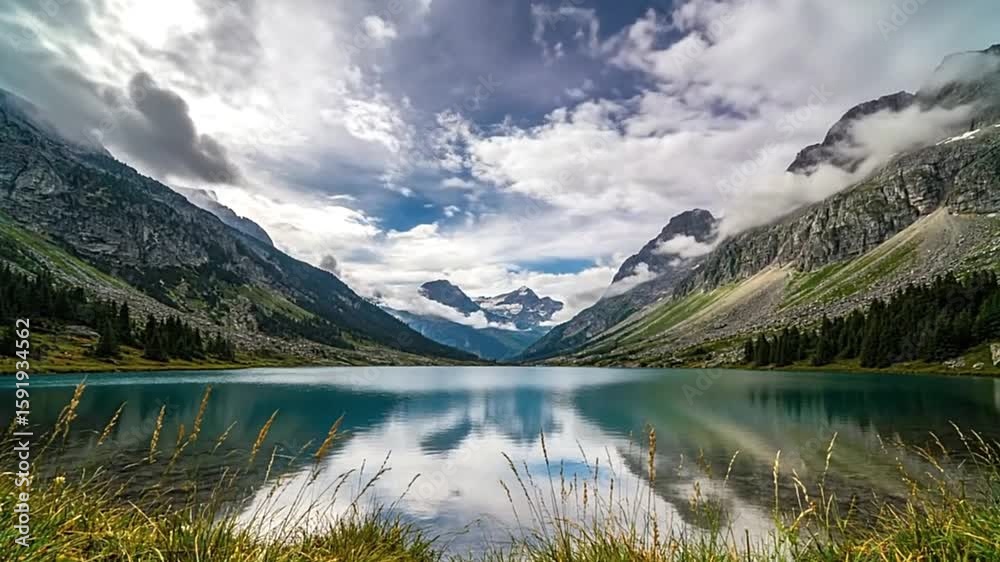 Serene alpine lake surrounded by towering mountains and a cloudy sky reflecting the scene in its calm waters