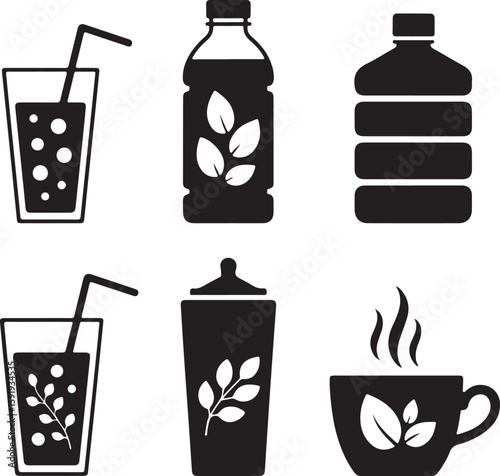Black icons of drinks and beverages health
