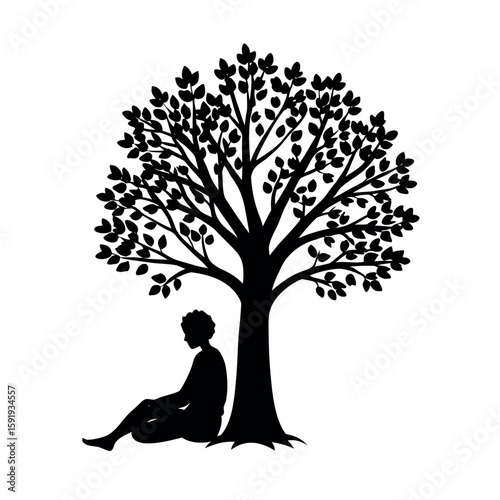 Person sitting calmly under a wide tree Line Art Vector illustration