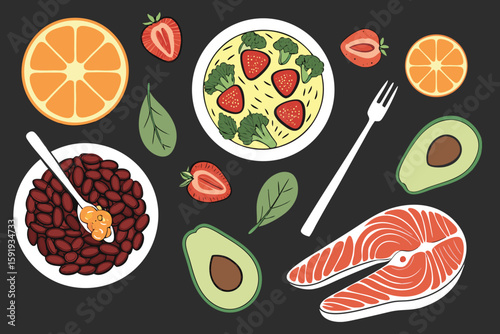 Healthy food flat lay with salmon avocado beans strawberries and orange slices