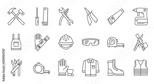 Set of line icons for diy tools and work clothes