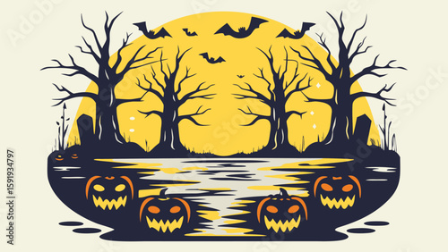 A spooky halloween scene with bats flying over bare trees pumpkins and a full moon in the background