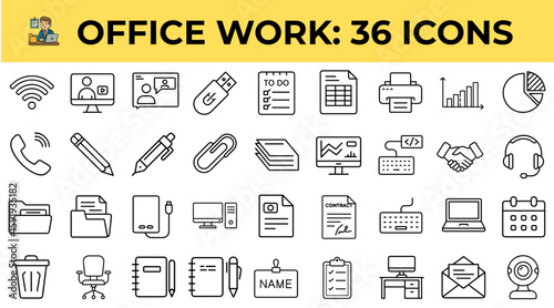 Office work icons set featuring 36 outline illustrations representing tasks  