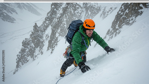 Mountain Climber Ascending Snowy Peak A Challenging Winter Ascent