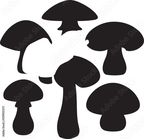 Black mushroom silhouettes on white background fungi