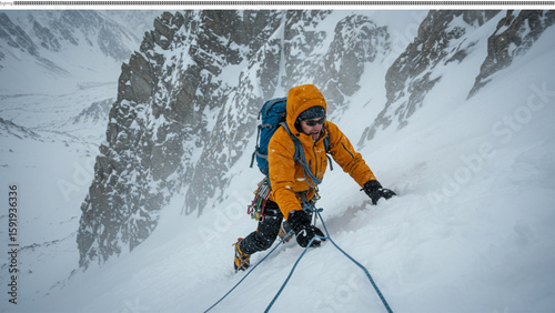 Ascending Snowy Heights A Climber's Journey in a Majestic Mountain Landscape of Mountain Ice.