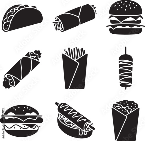 Black silhouette food icons taco burrito