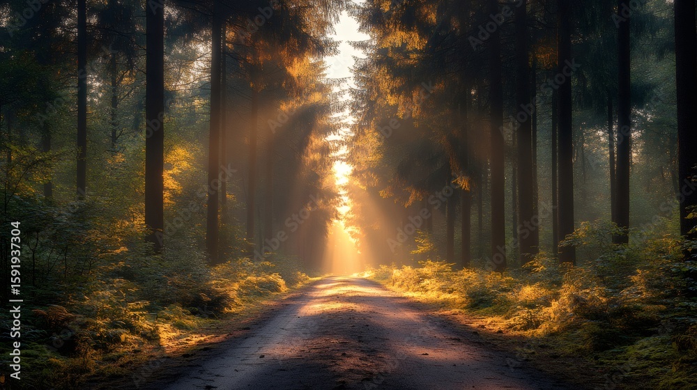Fototapeta premium Golden sunlight illuminating forest path at dawn