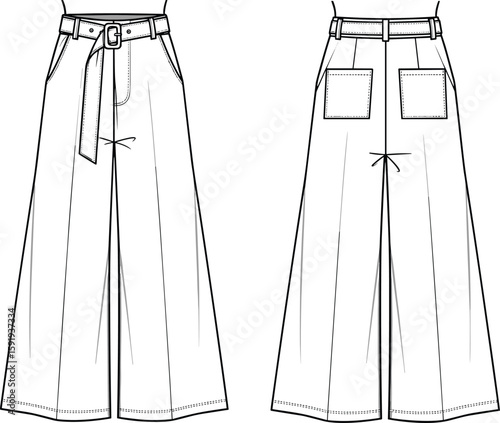 Wide-leg pants fashion sketch, high waist belt with buckle, front center seams, back patch pockets, garment technical drawing, clothing design template, casual apparel