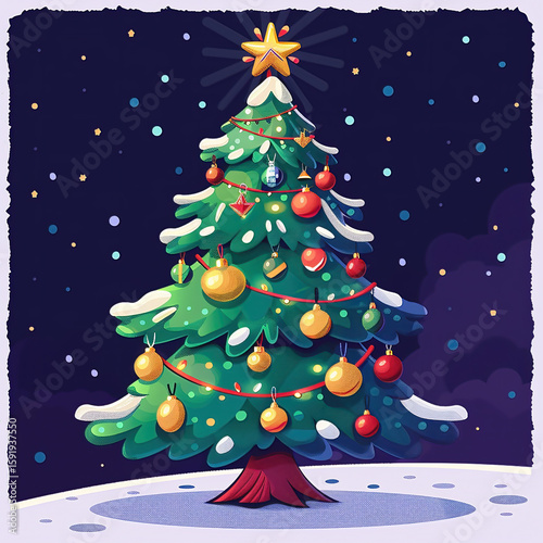 An illustration of a decorated Christmas tree with baubles, lights, gifts, and star on a blue and white background.