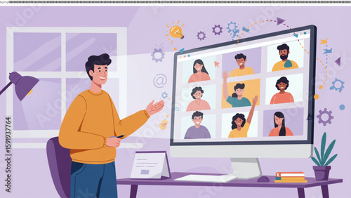 Engaging online meeting illustration with diverse participants in virtual conference on a desktop computer.