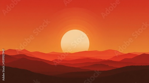 Sunrise or sunset over layered mountains, vibrant warm colors