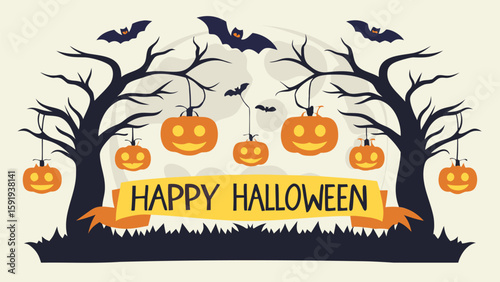Illustration of happy halloween banner with pumpkins hanging from trees and bats flying in front of moon