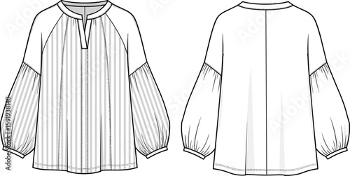 Fashion blouse sketch with puffed sleeves, striped pattern front, plain back view, round neckline, elastic cuffs, technical garment drawing, relaxed fit clothing illustration
