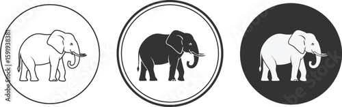 Graphic icons show three elephant illustrations in black and white circles, ideal for animal, logo, or African wildlife themed projects.