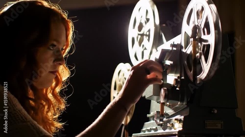 Woman loads film onto a vintage projector in a dimly lit room