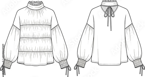 Ruffled blouse flat sketch, high neckline design, puffed sleeves with tie cuffs, gathered bodice detail, back neck tie closure, technical garment drawing, fashion template