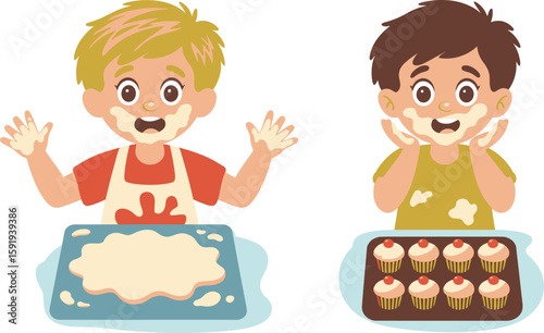 Two Children Baking Cupcakes with Flour on Faces and Hands