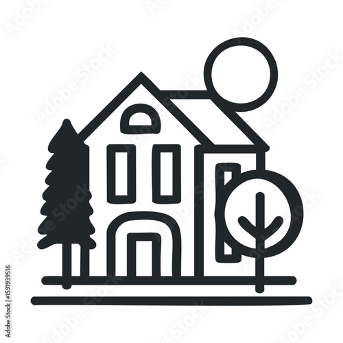 Modern house design with trees and sun illustration for home decor