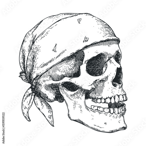 Detailed illustration of a pirate skull with a bandana