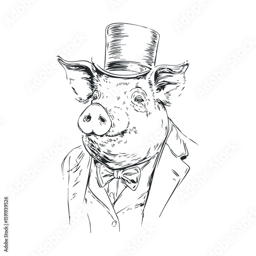 Elegant pig wearing a top hat and bow tie for party decoration