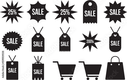 Sale Tags and Shopping Icons – Discount Offers and Shopping Bags in Black and White