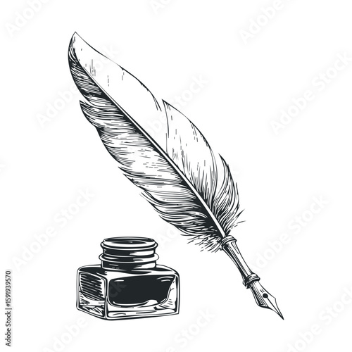 Elegant quill pen and ink bottle on a vintage desk