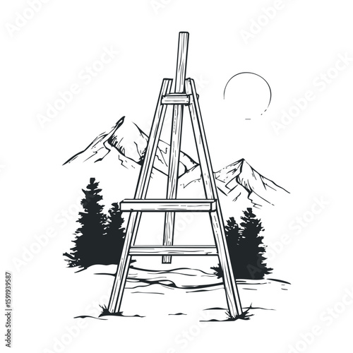 Rustic easel in mountain landscape for outdoor art creation