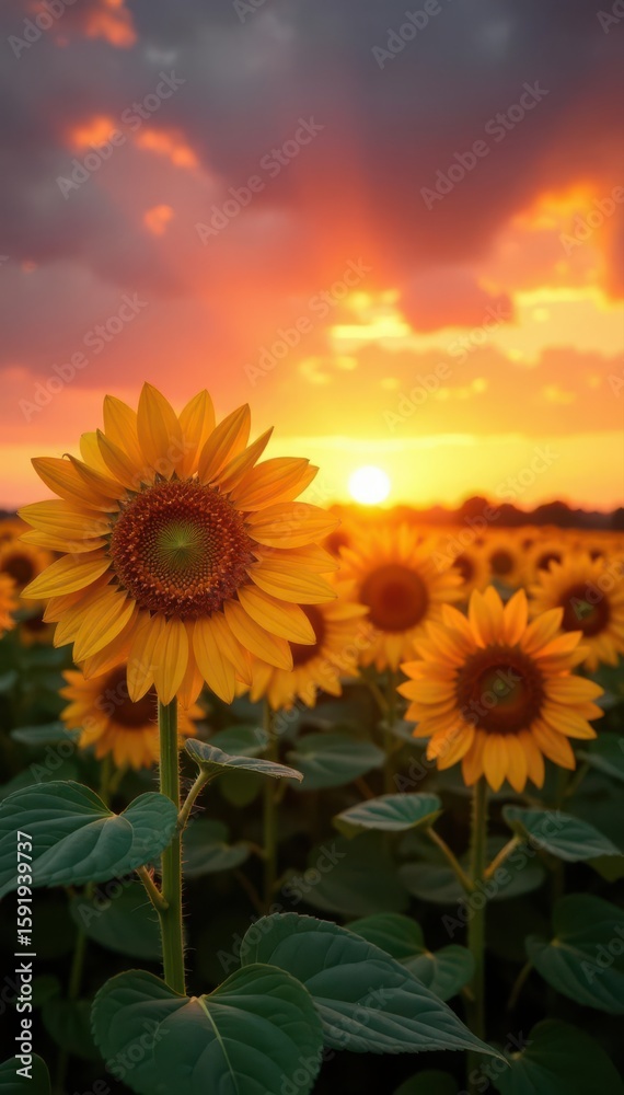 Fototapeta premium Golden hour light bathes tall sunflowers, fiery sunset sky , peaceful, summer