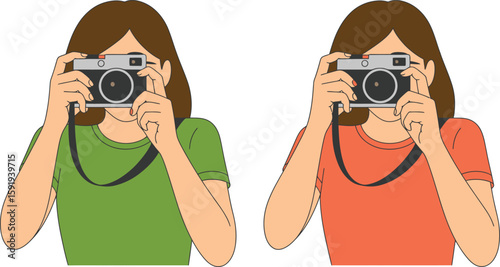 Two Women Holding Cameras Green and Orange Shirts Illustration