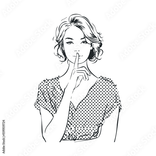 Quiet elegance of a woman in polka dot attire with a shushing gesture